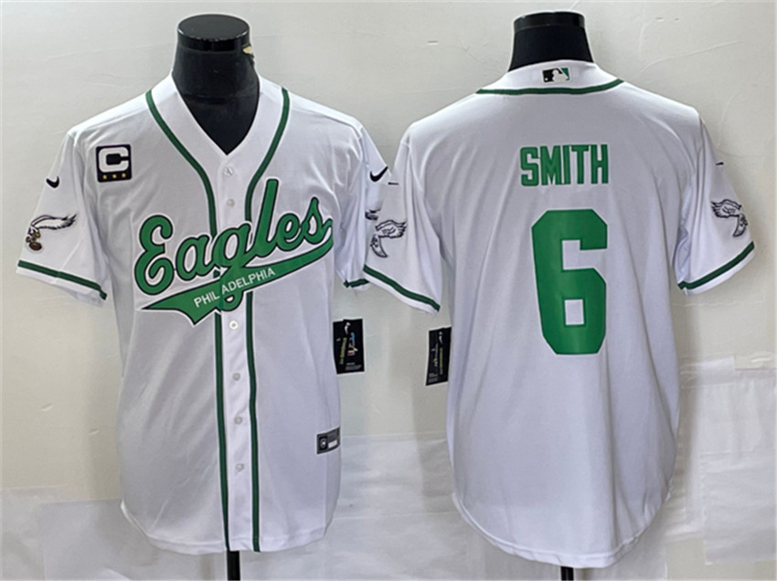 Men's White Philadelphia Eagles #6 DeVonta Smith With C Patch Cool Base Stitched Baseball Jersey